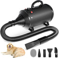 High Velocity Blow Dryer for Dogs, 5.2HP/ 3800W Dog Hair Dryer Speed Temperature Adjustable，Dog Blow Dryer with Thickened Handle,Low Noise Dog Blower Grooming Dryer，4 Nozzles,1 Massage Brush,Black