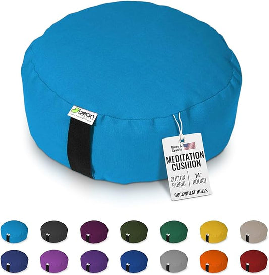Bean Products Zafu Meditation Pillows for Sitting on Floor, Yoga Cushion, Cotton/Buckwheat Fill Yoga Pillow, Zafu Meditation Cushion, Zen Kneeling Prayer Pad- Made in USA - 14" Round - Aqua-FlexoryFit