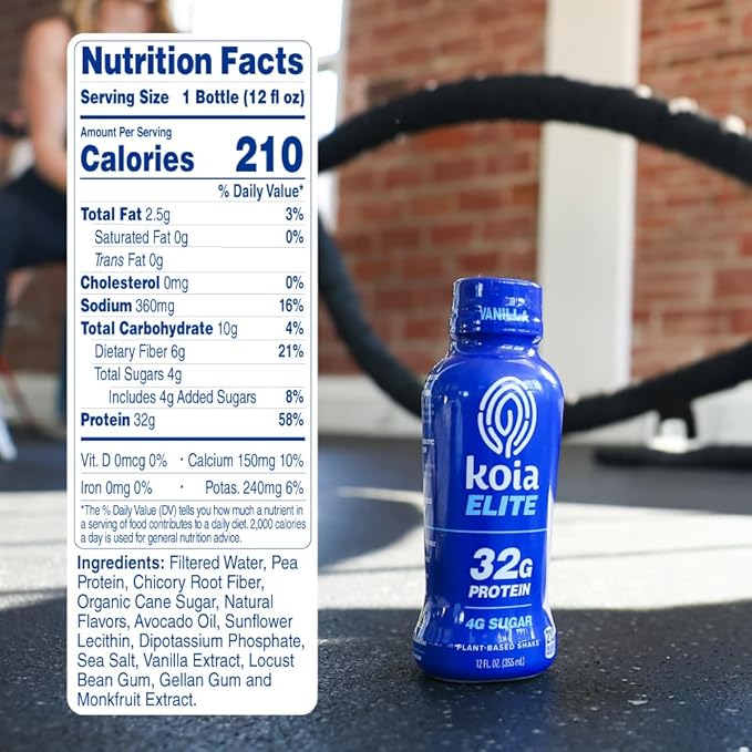Koia Elite Plant Based Protein Shake, Vanilla, 32g Protein, 4g Sugar, 6g Prebiotic Fiber, Pre & Post Workout Nutritional Drink, No Seed Oils, Dairy-Free, Gluten-Free, Non-GMO, 12 Fl Oz (Pack of 12)-FlexoryFit