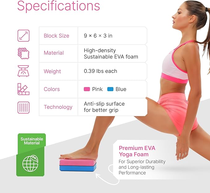 Yoga Blocks 2 Pack Set with Dance Stretch Band & Guide: Non-Slip EVA Foam Block - Ideal Stretching Equipment for Home Workouts, Pilates, Dance, Ballet, Gymnastics, Exercise - Stretch Strap Stuff Props-FlexoryFit