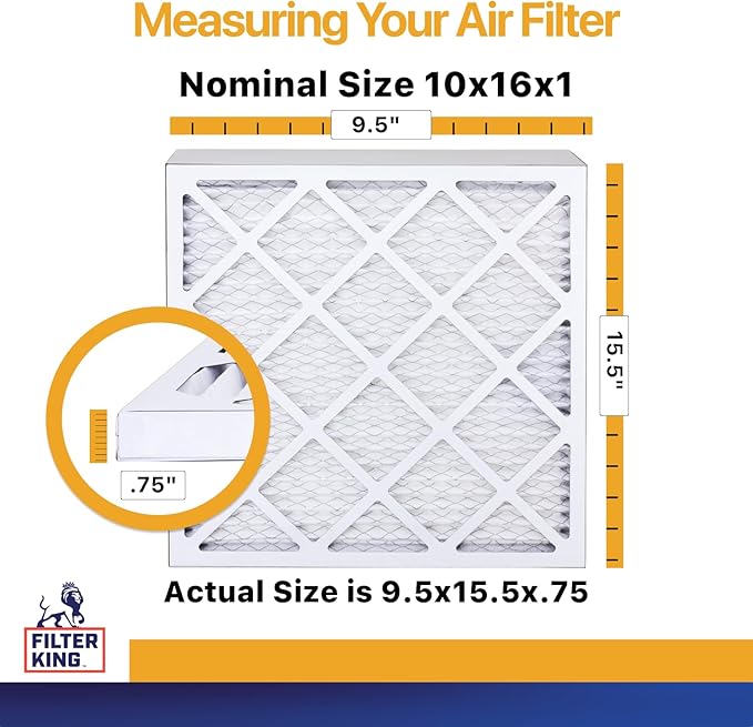 Filter King 10x16x1 Air Filter | 6-PACK | MERV 13 | HVAC Pleated AC Furnace Filters | MADE IN USA | Actual Size: 9.5 x 15.5 x .75"
