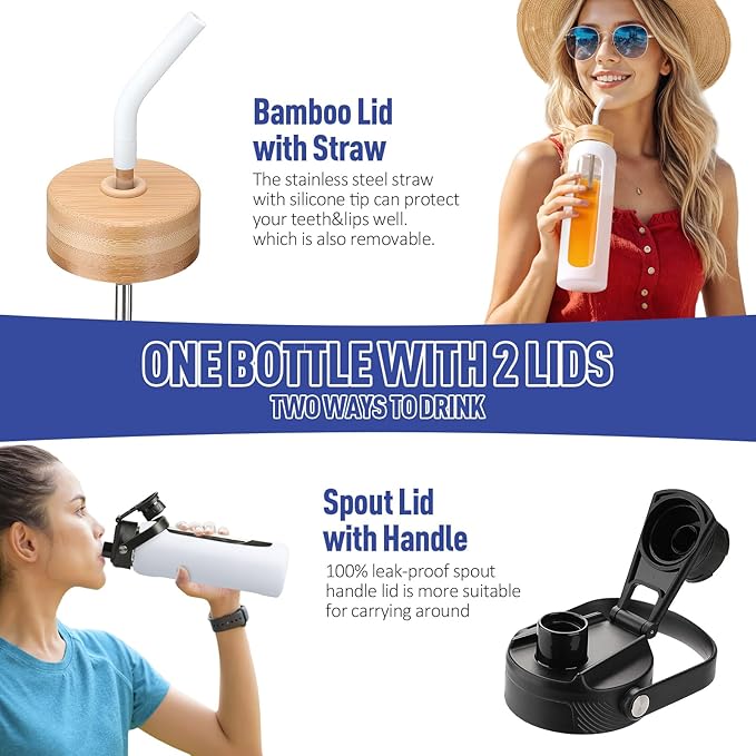 Kodrine Water Bottle with Straw, 24 oz Glass water Bottle with 2 Lids Bamboo Straw Lid and Spout Lid with Handle, 32 oz Clear Water Bottle Glass for Sports Travel, Waterbottle with Time Marker-FlexoryFit
