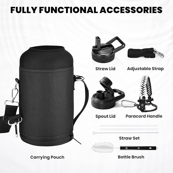 Insulated Water Bottle 64 oz, Triple Wall Vacuum Stainless Steel (Cold for 48 Hrs), Leak Proof & Non-BPA, Half Gallon Water Flask Jug with Paracord Handle & Straw Spout Lids, White/Black-FlexoryFit
