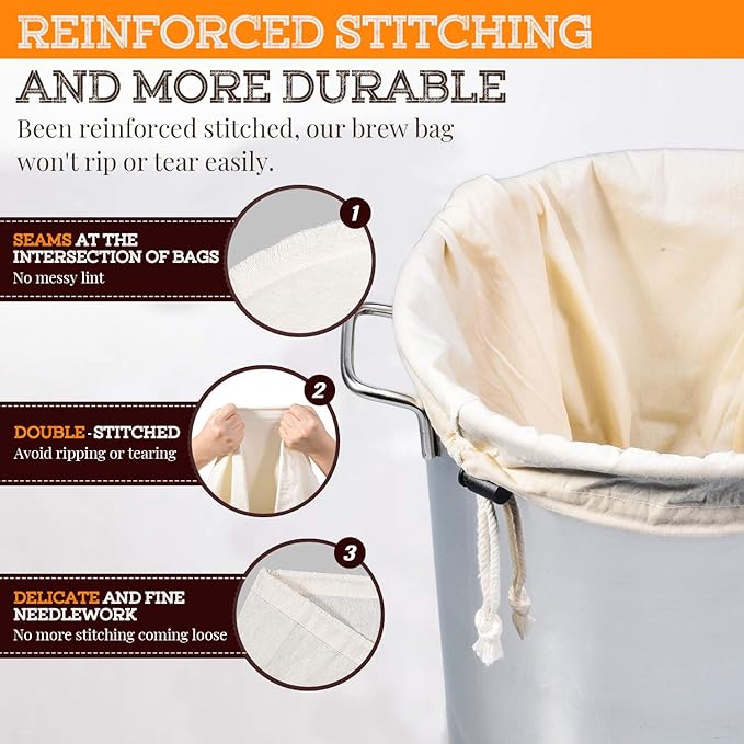 Brew Bag, 26" x 22", 2 Pack, 100% Unbleached Cotton Bag for Homebrewing, Fine Cheesecloth Bag for Fruit/Cider/Wine/Beer, Reusable Drawstring Straining