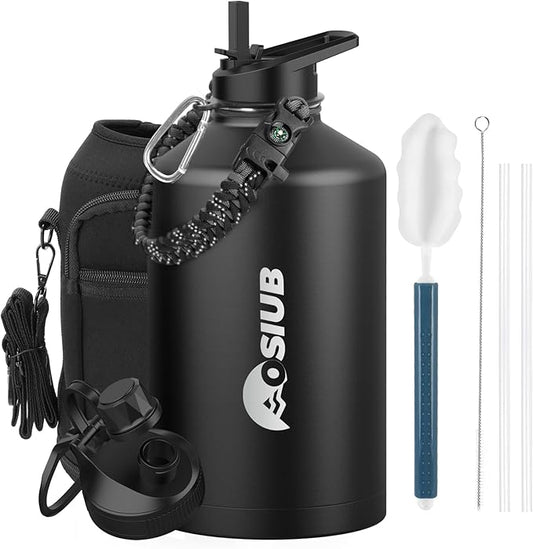 Insulated Water Bottle 128 oz, Triple Wall Vacuum Stainless Steel(Cold for 48 Hrs),Leak Proof & BPA-Free,One Gallon Water Bottle with Reflective Paracord & Flip Straw for Sports & Travel, Black-FlexoryFit