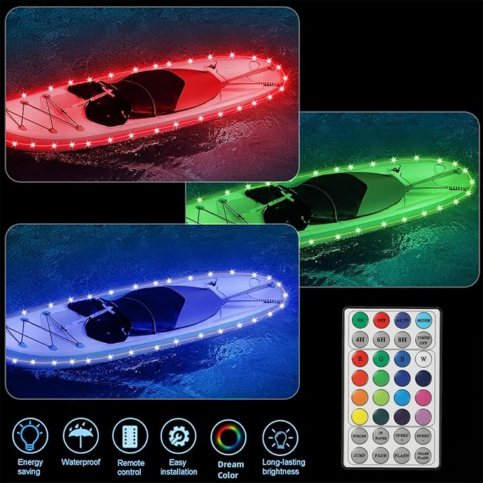 Kayak Paddle Board Lights Kit, IP68 Waterproof Dream Color SUP Glow Light with Remote, Battery Powered Kayak Lights for Night Kayaking SUP Canoes, Marine Pontoon Boats Light (26FT)