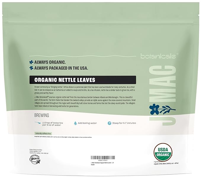J MAC BOTANICALS Organic Nettle Leaf Herbal Tea - 16 oz (200+ Cups) Certified USDA Organic, Dried stinging nettle tea, 1 Pound Bulk Bag, Urtica dioica-FlexoryFit