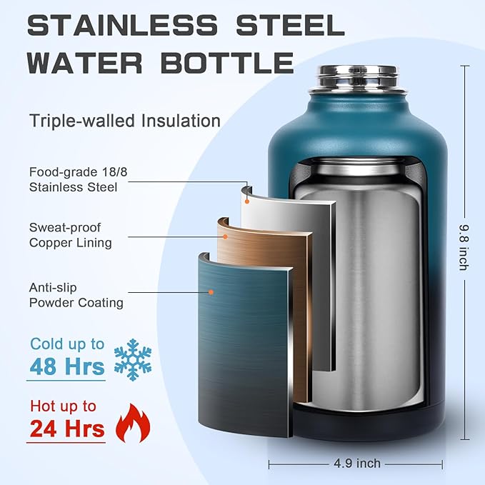 Insulated Water Bottle 64 oz, Half Gallon Water Jug Cold 48H, BPA Free Stainless Steel Bottles with Straw/Chug 2-in-1 Lid, Bag, Paracord Handle, Silicone Boot, Sports Gym School Metal Flask-FlexoryFit