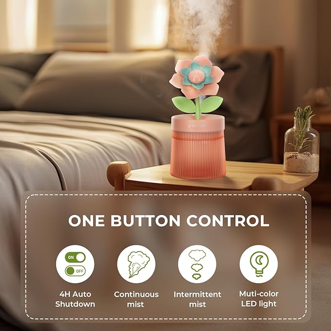 Cute Flower Mini Humidifier, 260ml Gardenia Desktop Humidifiers for Bedroom, Portable Small Cool Mist Humidification for Home, Baby Nursery, Office & Indoor Plants, USB Powered (Pink)