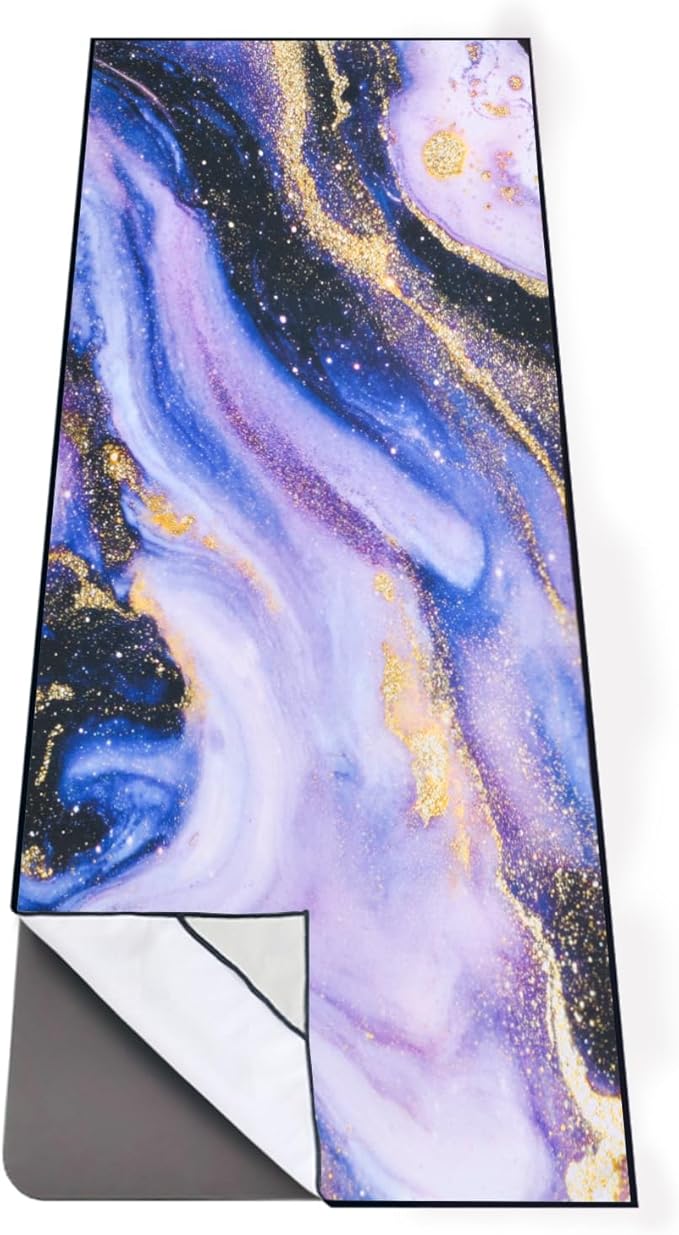 QIYI Large Yoga Mat Towel with Corner Pockets, Non Slip Sweat Absorbent Hot Yoga Towels, Soft Yoga Blankets with Travel Bag, Skidless Mat Cover for Workout, Gym, Fitness - 74"x26", Purple & Pink Grain-FlexoryFit