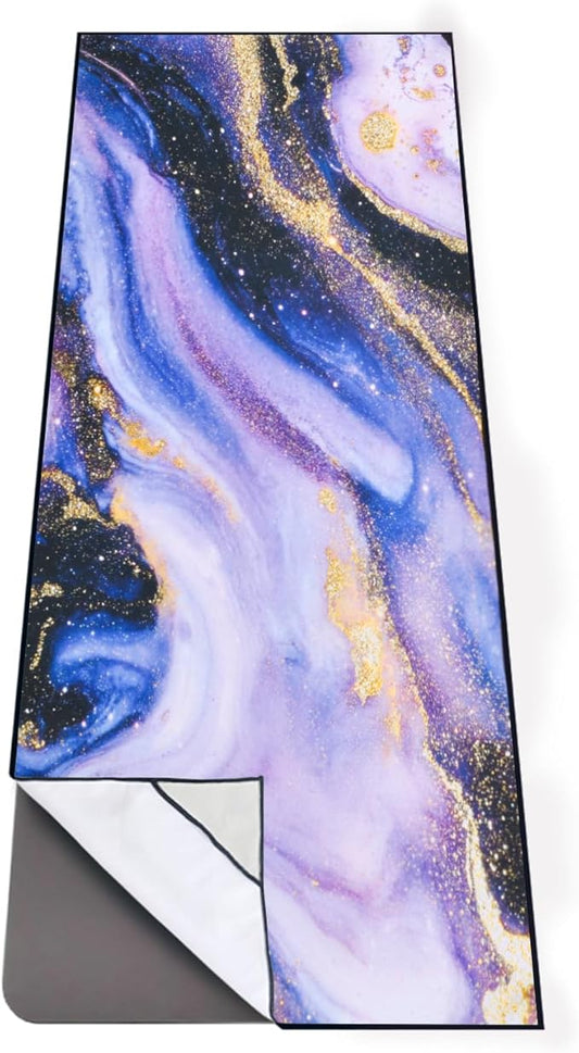 QIYI Large Yoga Mat Towel with Corner Pockets, Non Slip Sweat Absorbent Hot Yoga Towels, Soft Yoga Blankets with Travel Bag, Skidless Mat Cover for Workout, Gym, Fitness - 74"x26", Purple & Pink Grain-FlexoryFit
