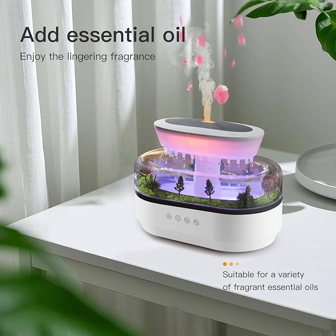 Essential Oil Diffuser 250ML Cloud Humidifier Rain Water Drip Diffuser Humidifier with Drip Music Micro Landscape Ultrasonic Diffuser for Bedroom Office Hotel (White Grey)