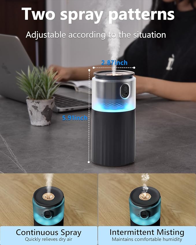 OATSBASF Portable Mini Humidifier, Small Cool Mist Car Humidifier with Night Light, 28dB Quiet Cool Mist Air Humidifier for Bedroom, Office, Plants, Dorm, 2 Mist Modes, Easy to Fill and Clean (Black)