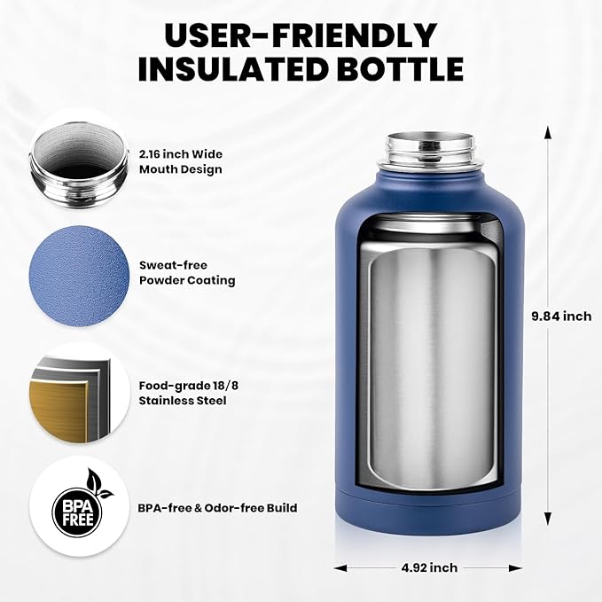 Insulated Water Bottle 64 oz, Triple Wall Vacuum Stainless Steel (Cold for 48 Hrs), Leak Proof & Non-BPA, Half Gallon Water Flask Jug with Paracord Handle & Straw Spout Lids, Navy Blue-FlexoryFit
