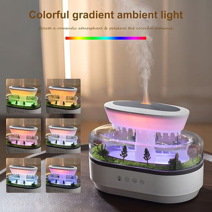 Essential Oil Flame Diffuser 250ml Cloud Rain Humidifier Water Drip Aromatherapy Diffuser Air Humidifier with 7 Colors Light, Micro Landscape, White Noise, Auto-Off for Home Office (White)