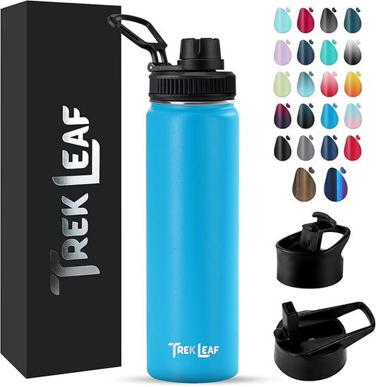 Travel Water Bottle with 3 Lids (Spout, Straw, Flip) Leak Proof, Quality, Vacuum Insulated, Stainless Steel (Ocean Blue, 22 oz)