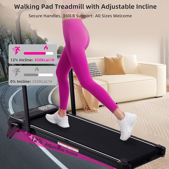 Electric Walking Pad Treadmill with Adjustable Incline and Handle Bar, 3.5HP Small PortableTreadmills for Home Office Small, 4 in 1 Folding Foldable Treadmill with Handles, 0.6-7.6MPH, 350LBS-FlexoryFit