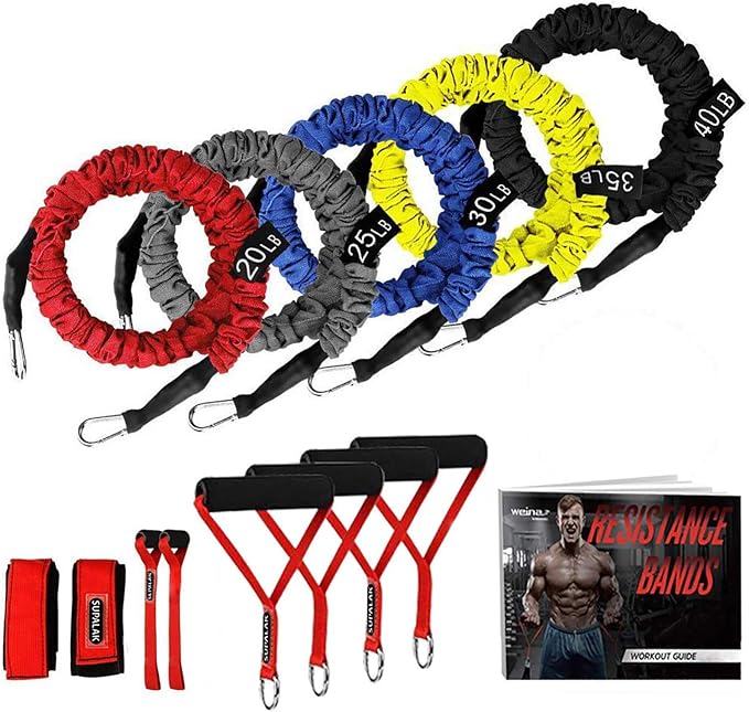 Resistance Bands, 15 Pieces Exercise Elastic Bands Set, 20lbs to 40lbs Resistance Tubes with Heavy Duty Protective Nylon Sleeves Anti-Snap for Fitness SUPALAK-FlexoryFit