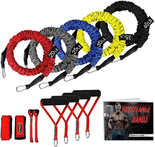 Resistance Bands, 15 Pieces Exercise Elastic Bands Set, 20lbs to 40lbs Resistance Tubes with Heavy Duty Protective Nylon Sleeves Anti-Snap for Fitness SUPALAK-FlexoryFit