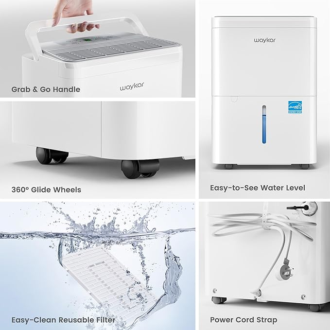 Waykar 2000 Sq. Ft. Energy Star 2025 Dehumidifier for Basement & Home,Adjusts from 15% RH With Drain Hose, Ultra Quiet 35 dB for Bedroom & Bathroom