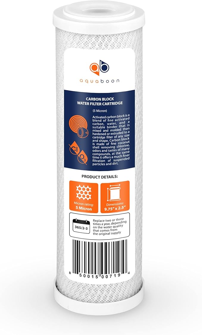 Aquaboon 5 Micron 10 x 2.5 Carbon Block Water Filter Cartridge CTO Whole House Water Filter Replacement Compatible with WHKF-WHWC, FXWTC, 6-PACK