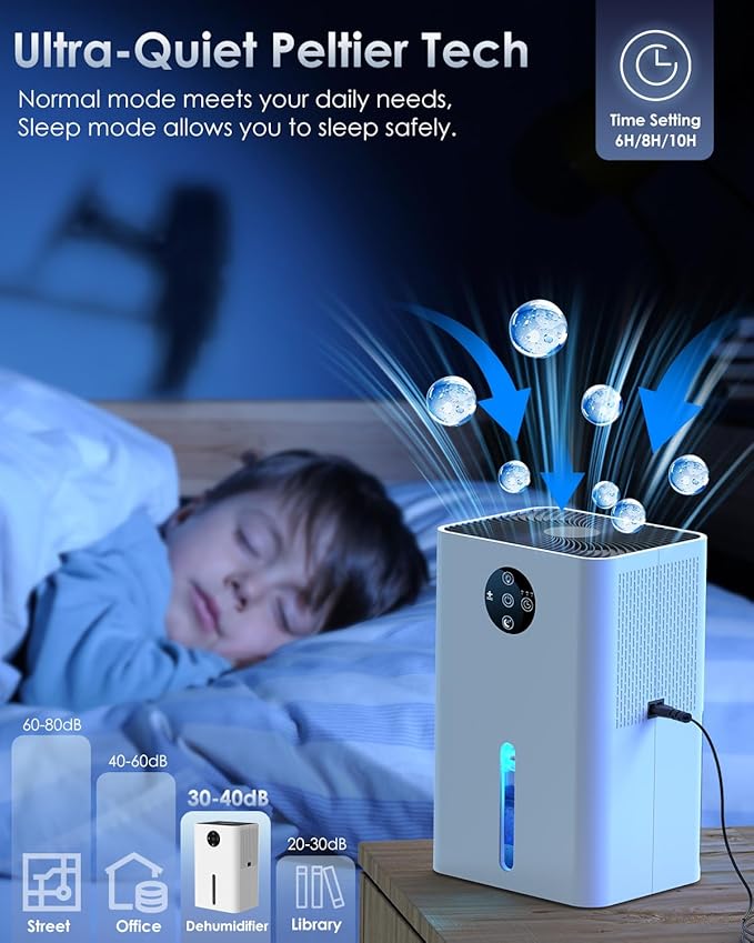 Dehumidifier for Basement, Quiet Dehumidifiers for Home with Auto Shut Off, Auto Defrost, Timer, Sleep Mode, 7 Color Light Portable Small Dehumidifier for Bedroom, Bathroom, Closet, RV - White