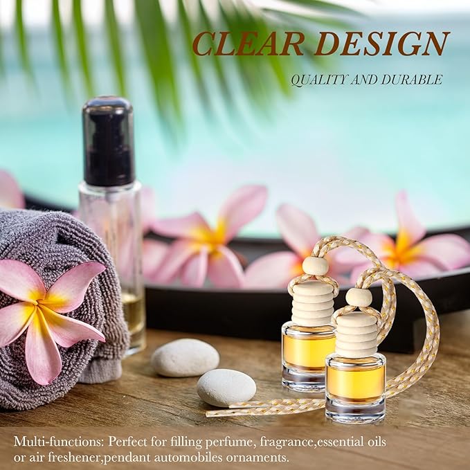 Domensi 70 Pieces Hanging Car Diffuser Air Freshener Bottle Bulk Empty Glass Refillable Perfume Bottles Oil Diffuser Aromatherapy Pendant for Auto Interior Ornaments Decor (Clear)