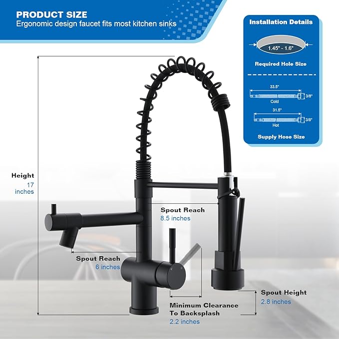 Commercial Faucet with Sprayer, VFAUOSIT Black Kitchen Faucet with Pot Filler Single Handle Lever Pull Down Sprayer Kitchen Sink Faucets, Stainless Steel Faucets for Kitchen Sink, RV Farmhouse