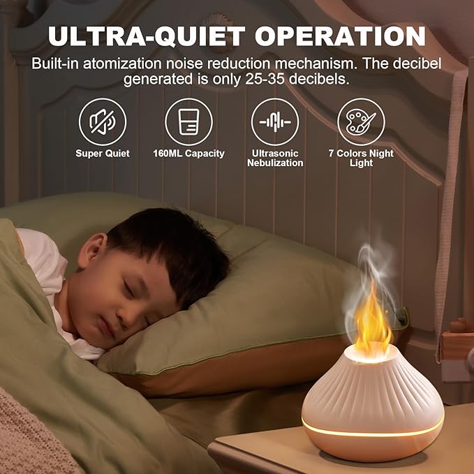 Colorful Fire Flame Diffuser: Ultra-Quiet 160ml Volcano Humidifier Aromatherapy Essential Oil Cool Mist Diffusers with 7 Flame Colors Timeable for Bedroom, Office (White)