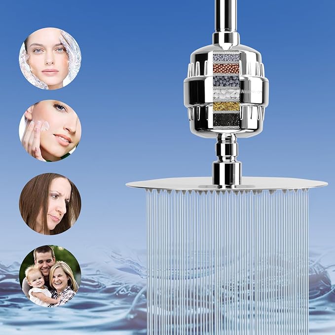 NearMoon Filtered Shower Head, High Pressure 8″Round Rain Shower and 5 settings Handheld Shower Filter Combo with Self-adhesive Holder/1.5M Hose -1 Replaceable Filter Cartridge (Chrome Finish)