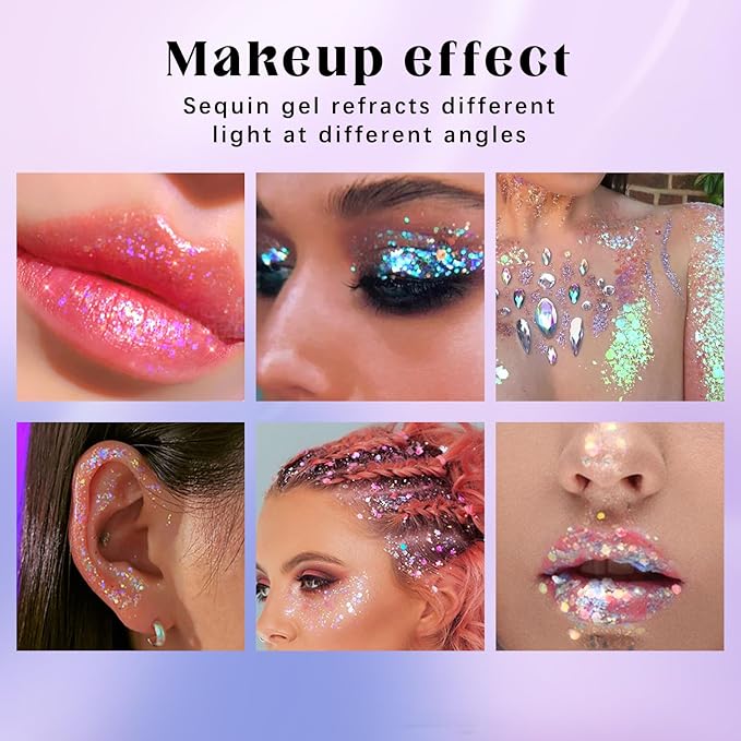 2 Colors Roll-on Body Glitter Gel, Holographic Glitter Gel Under Light for Face Hair, Body Shimmer for Rave Accessories Christmas New Year Halloween Makeup (11+12)-FlexoryFit