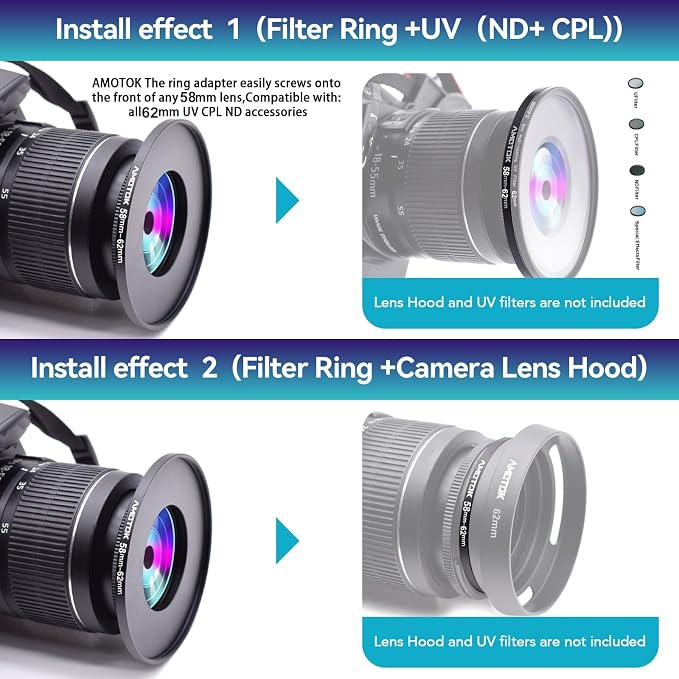 58mm to 62mm Camera Filters Ring Compatible All 58mm Camera Lenses to 62mm UV - Image 6