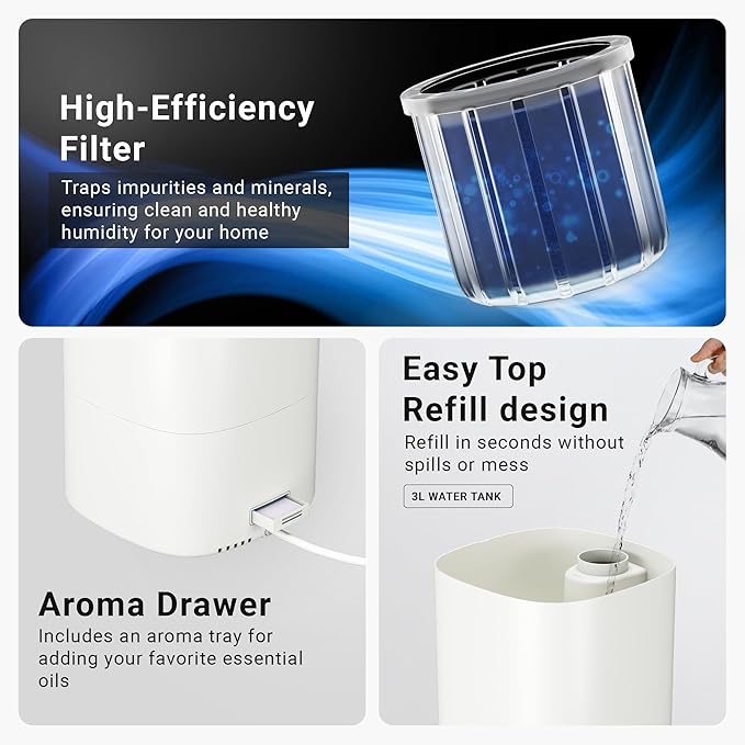 MIKO Ultrasonic Humidifiers for Large Room & Bedroom- Water Filter, Auto Mode, No Leak Design, Sleep Mode, Built-in Timer, Humidifier for Babies & Home,