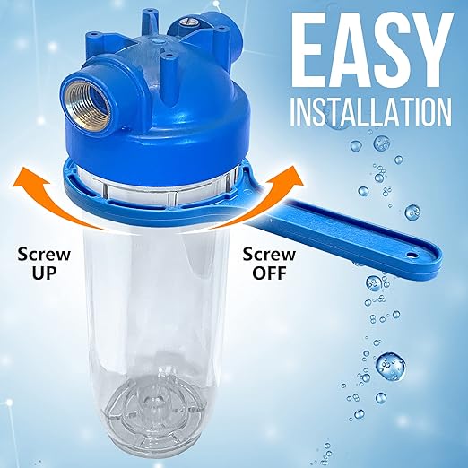 10 Inches European Design Transparent Standard Whole House Water Filter System with Presser Relief Valve, 3/4” Inlet/Outlet Brass Port and Yearly Supply (4) Sediment Cartridges 5 Micron