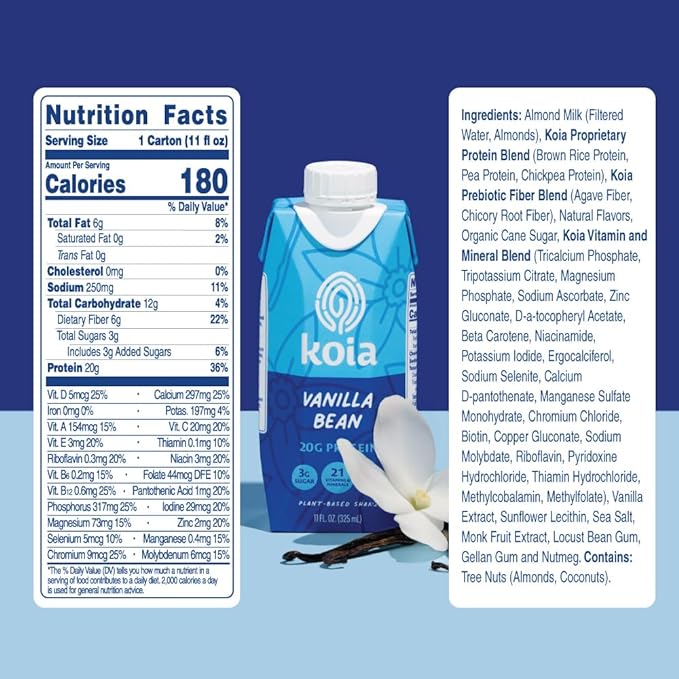 Koia Plant Based Protein Shake, Vanilla Bean, 20g Protein, 3g Sugar, 6g Prebiotic Fiber, 21 Vitamins & Minerals, Meal Replacement Drinks, Dairy-Free, Gluten-Free, Non-GMO, 11 Fl Oz (Pack of 12)-FlexoryFit