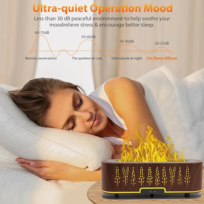Essential Oil Diffusers, Flame Air Diffuser, 200ml Aromatherapy Diffuser with 2 Mist Mode 4 Timer Up & Waterless Auto-Off Protection for Bedroom Home, Office(Wheat-Dark Brown)