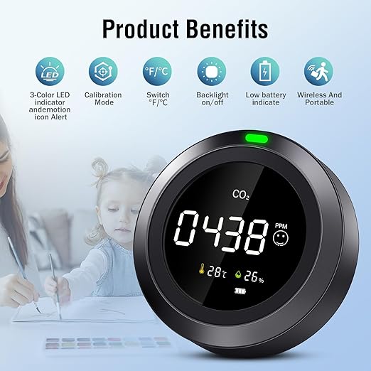 Indoor Air Quality Monitor Test CO2, Temperature & Humidity, Easy Calibration Carbon Dioxide Monitor, CO2 Meter with Real-Time Readings for School, Homes, car, Travel