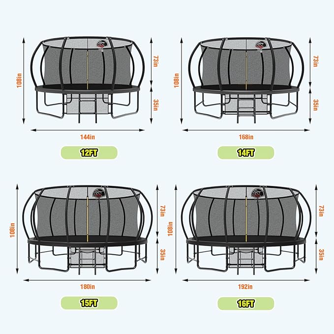 10 12 14 15 16FT Outdoor Trampolines for Kids and Adults, Pumpkin Trampoline with Curved Poles, Recreational Trampoline with Basketball Hoop and Safety Enclosure Net for Kids and Adults-FlexoryFit