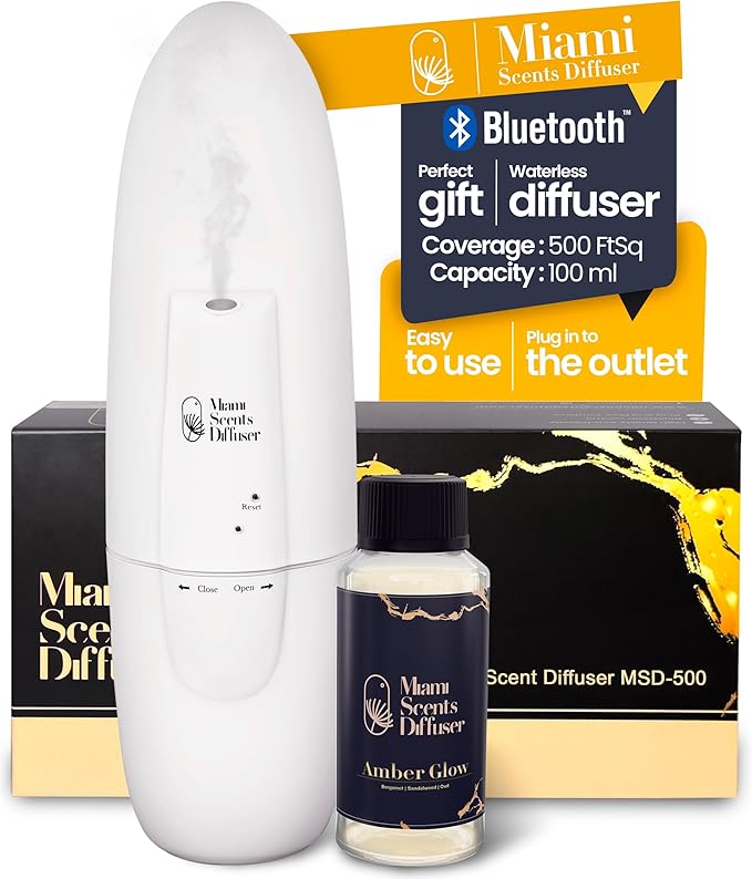 Plug In Wall Waterless Diffuser + Amber Glow - Baccarat Rouge Hotel Essential Oils 4 Fl Oz Included Up to 500 SqFt Smart Bluetooth Control Scent Air Machine for Home and Office Ideal for Aromatherapy.