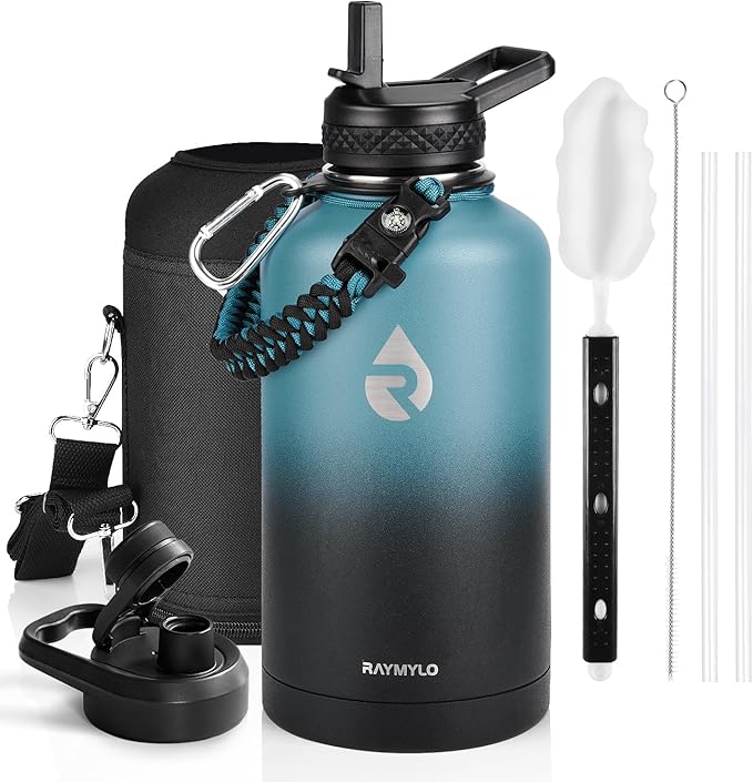 Insulated Water Bottle 64 oz, Triple Wall Vacuum Stainless Steel (Cold for 48 Hrs), Leak Proof & Non-BPA, Half Gallon Water Flask Jug with Paracord Handle & Straw Spout Lids-FlexoryFit