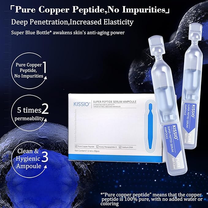 KISSIO Super Peptid Serum Ampoule,Face Serum with Copper Tripeptides,Collagen and Peptides,Hydration and Elasticity,Rejuvenating Facial Serum for Fine Lines and Wrinkles,Makeup Base,30 Ampoule-FlexoryFit
