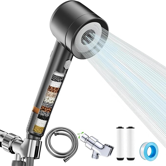 High Pressure Shower Head with Handheld, with Pause Switch 4 Spray Modes Water Saving Filter Showerhead, Showerhead Set with Hose, Bracket and Cotton Filter, Make Bathing Healthier (Grey)