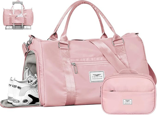 FIORETTO Womens Gym Tote Duffle Bag with Toiletry Bag, Sports Duffel Overnight Hospital Workout Carry on for Girls with Wet Pocket & Shoe Compartment, Ideal for Travel, Swimming, Dance Pink