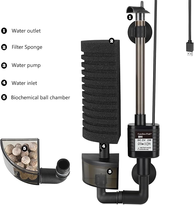 Carefree Fish Aquarium USB Filter Sponge Fish Tank Quiet Bubble Filter with 2 Sponges and 1 Bag of Filtered Ceramic Balls for Salt Water and Fresh Water