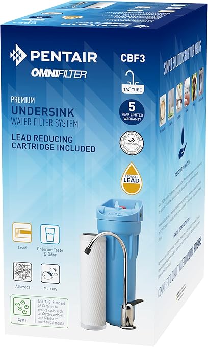 Pentair OMNIFilter CBF3 Water Filtration System, 10" Premium Single-Stage Undersink Filter System, NSF Certified to Reduce PFOA/PFOS, Includes Housing, CB3 Carbon Cartridge and All Hardware
