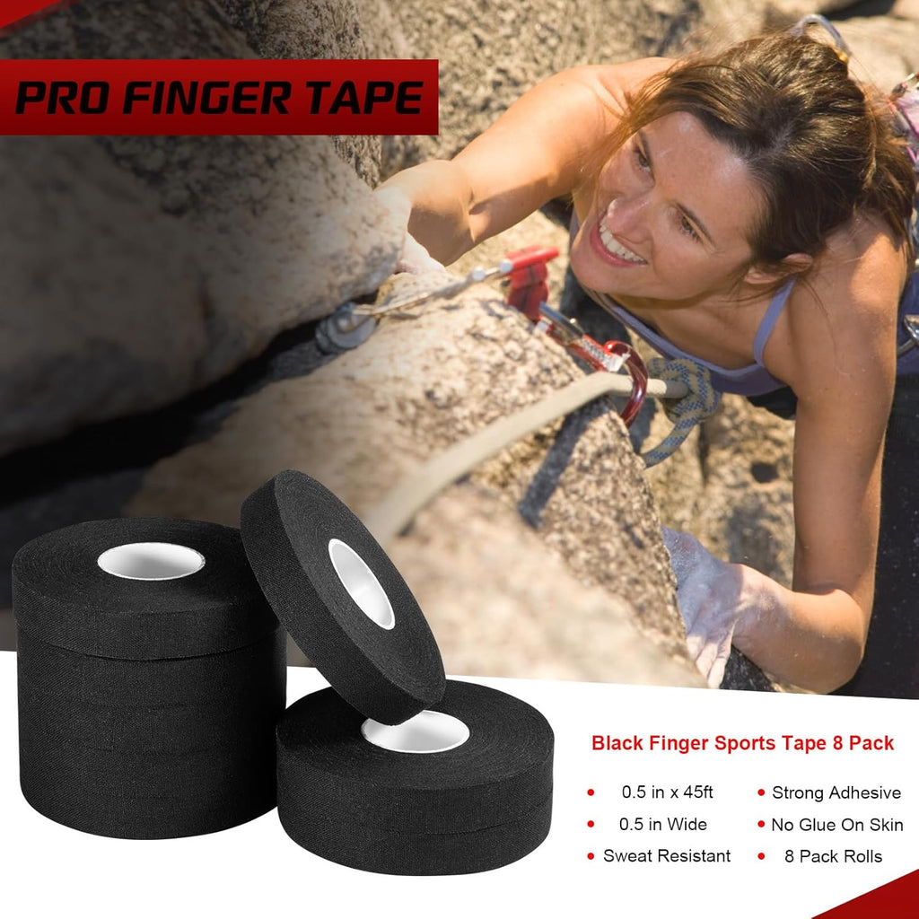 Pro Finger Tape 8 Pack - 0.5” x 45 Ft Black Athletic Sports Tape for Rock Climbing,BJJ,Jiu-Jitsu,Wrestling,Judo