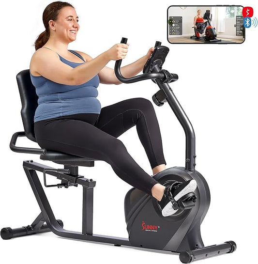 Sunny Health & Fitness Smart Heavy-Duty Recumbent Bike w/Wide Cushioned Seat & Back, Indoor Cycling Machine for Adult/Seniors Home Exercise, Free SunnyFit App Connect, Optional Workout Training Bands-FlexoryFit