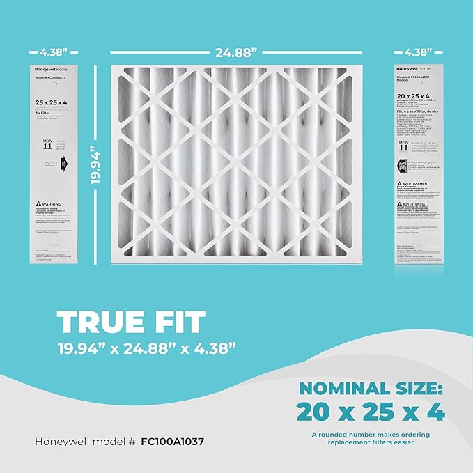 Honeywell 20x25x4 Air Filter Replacement MERV 11, FC100A1037 Pleated HVAC AC Furnace Filters with Wholesalehome Cleaning Cloth, (Actual Size: 19.94 x 24.88 x 4.38 Inches)