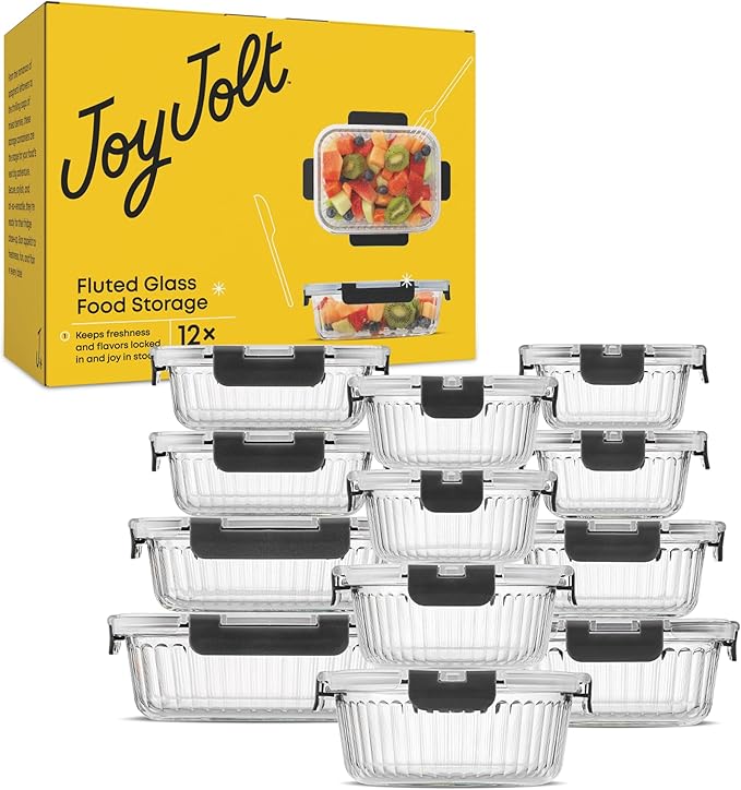 JoyJolt 24pc Borosilicate Glass Storage Containers with Lids | 12 Airtight/Freezer Safe Food Storage Containers for Pantry and Kitchen | Meal Prep Container for Lunch | Glass Tupperware Set-FlexoryFit