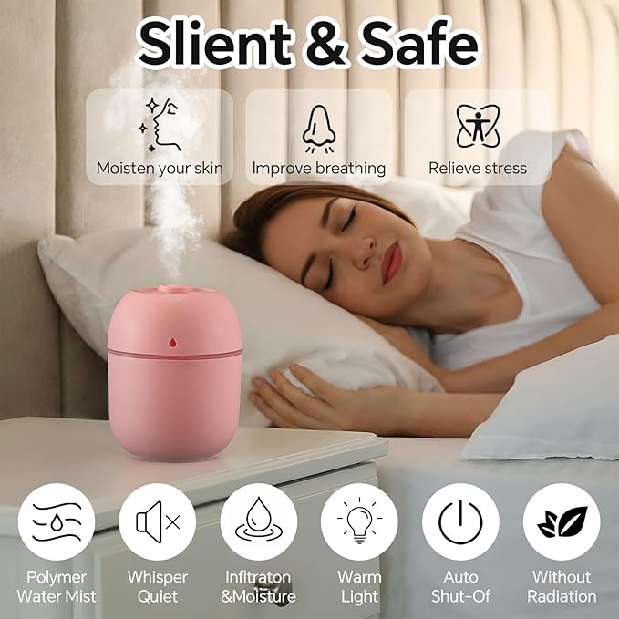 Hortsun 6 Pieces Portable Small Humidifier USB Personal Desktop Mini Humidifier for Bedroom Car Office Room Home Travel (220ml, White, Pink, Green)